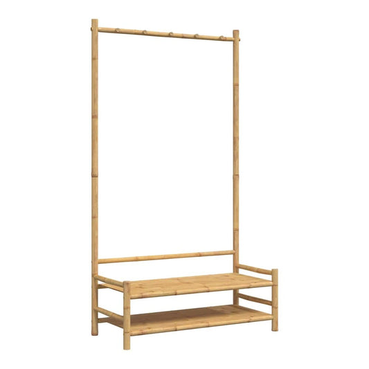 Bamboo clothes rack with a hanging rail and two shelves, shown without any items