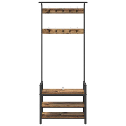 Coat rack with shelf and hooks, front view showing all shelves