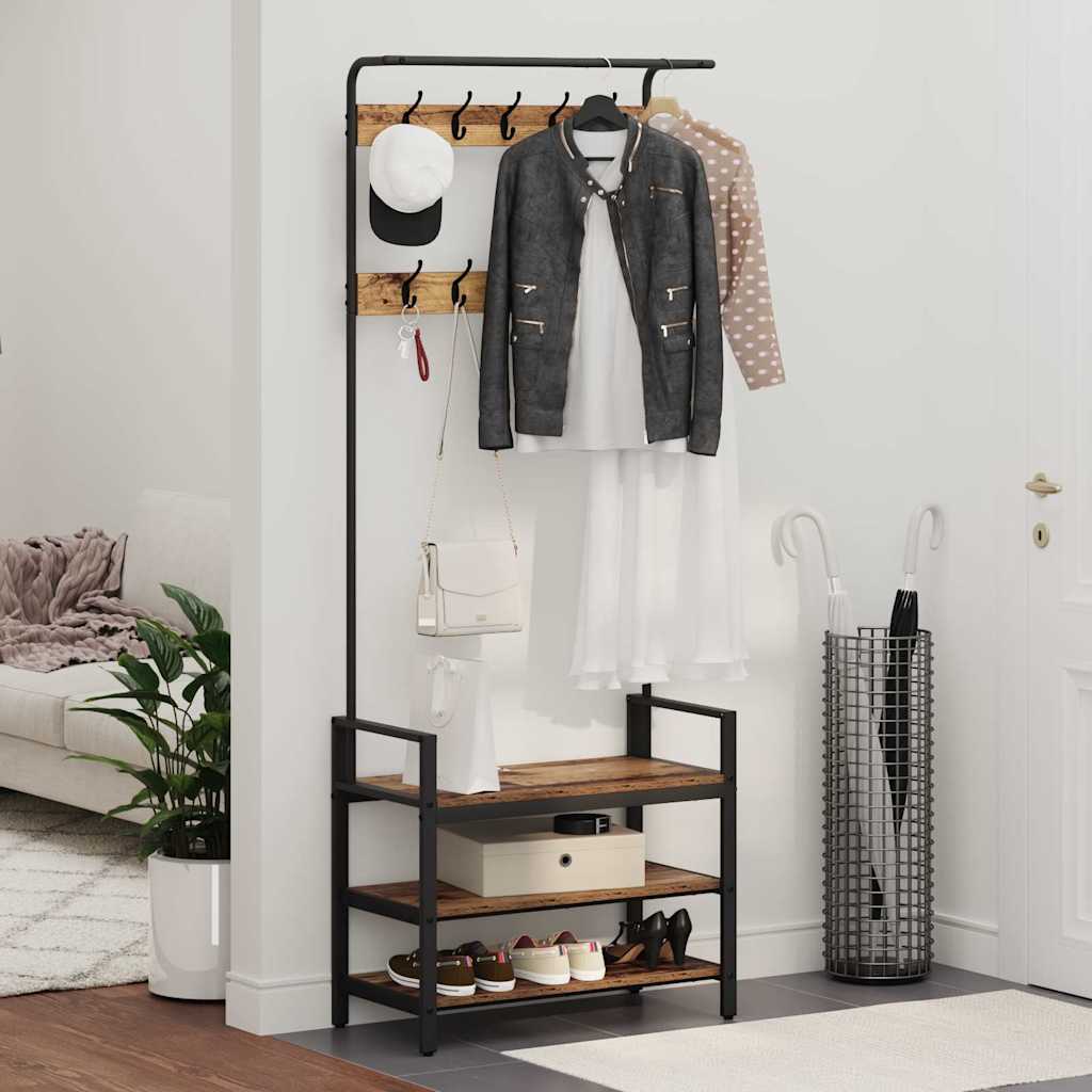 Coat rack with shelf and hooks in a hallway setting with furniture