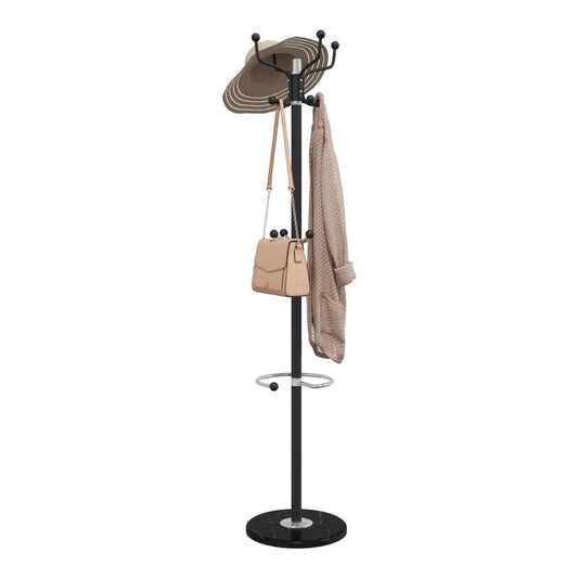 vidaXL Coat Stand with Umbrella Holder Black 180 cm Powder-coated Iron with a hat and handbag on it