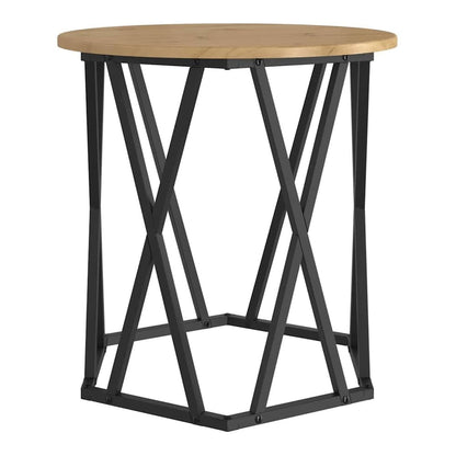 Single artisan oak coffee table with black metal base on a rug