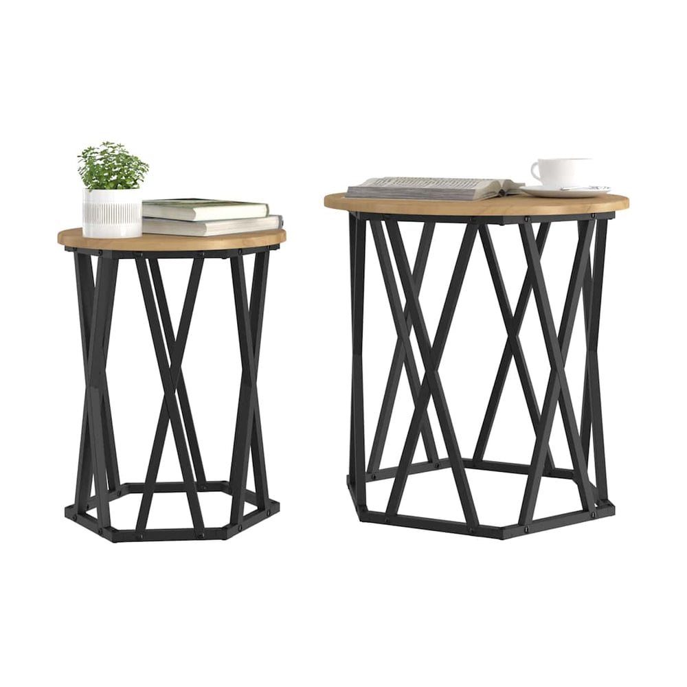 Two artisan oak coffee tables with black metal bases on a rug