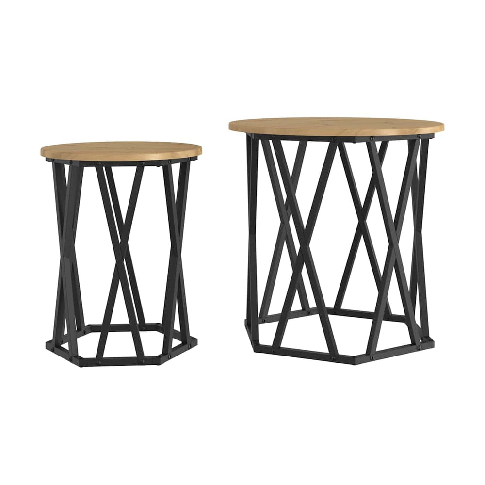 Two artisan oak coffee tables with black metal bases shown together