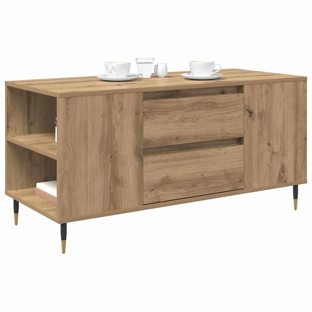 A close-up of the coffee table showing the wood grain and hardware