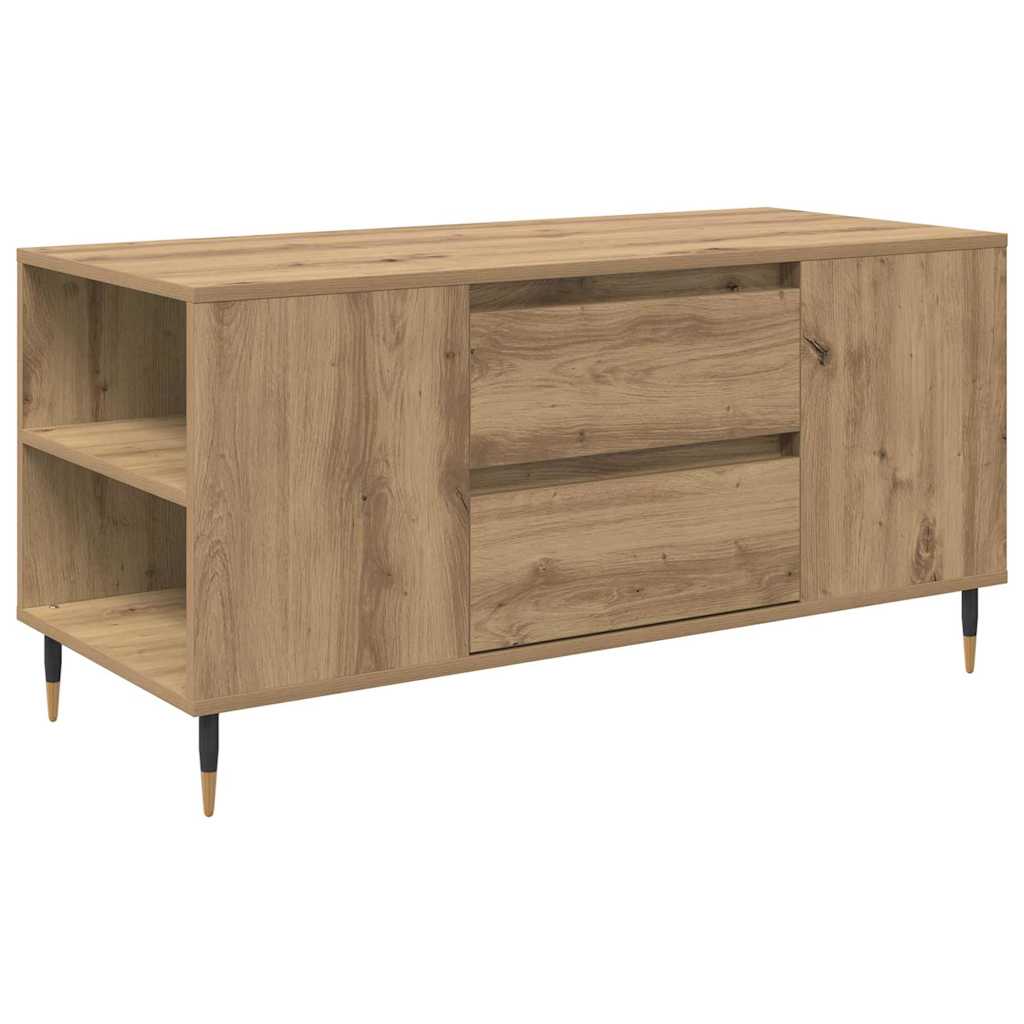 The coffee table has two drawers and an open shelf on the left side