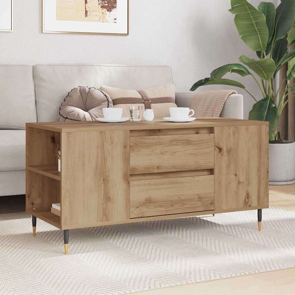 The coffee table is placed in a modern living room with a sofa and plants