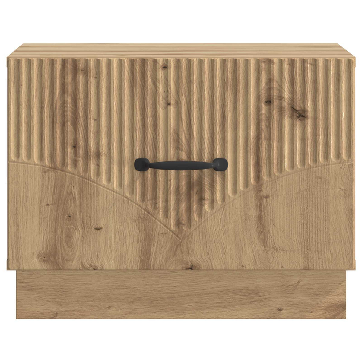 A close-up of the coffee table's front panel showing the wood grain and ribbed texture