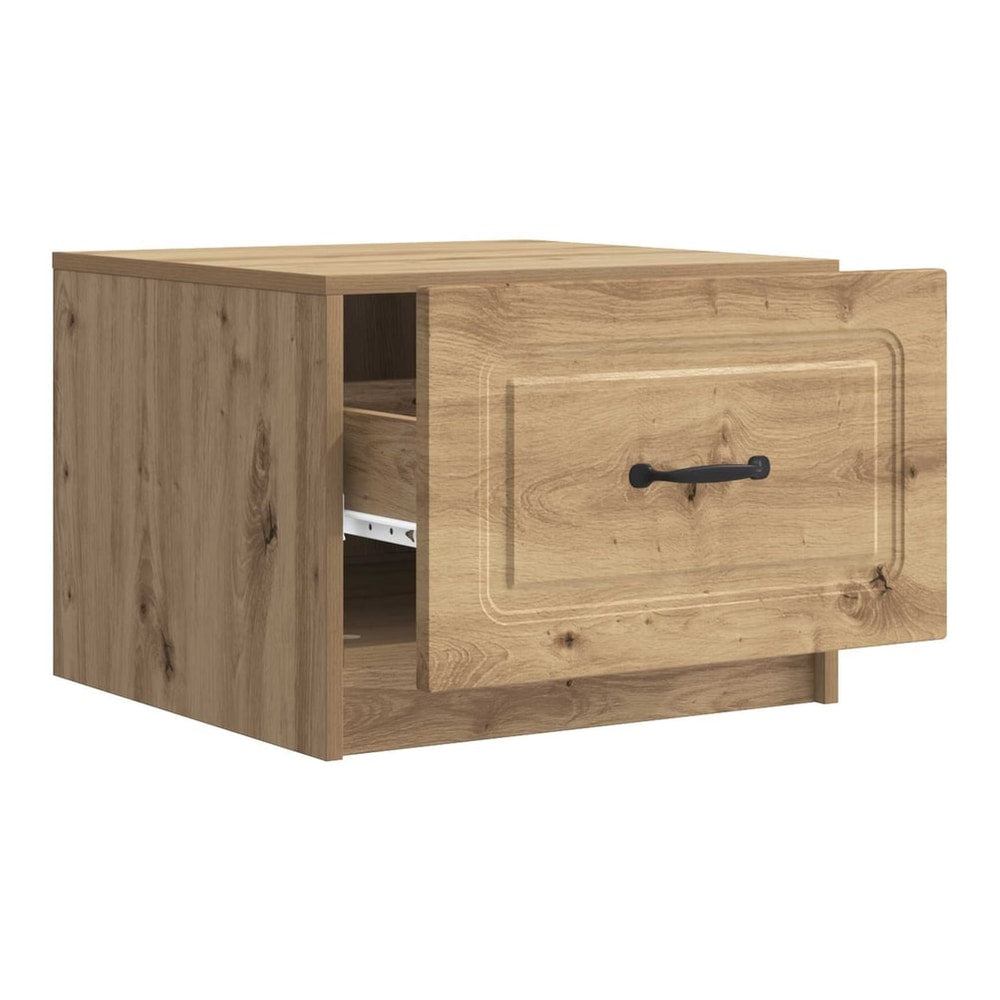 The coffee table with its drawer open showing the inside