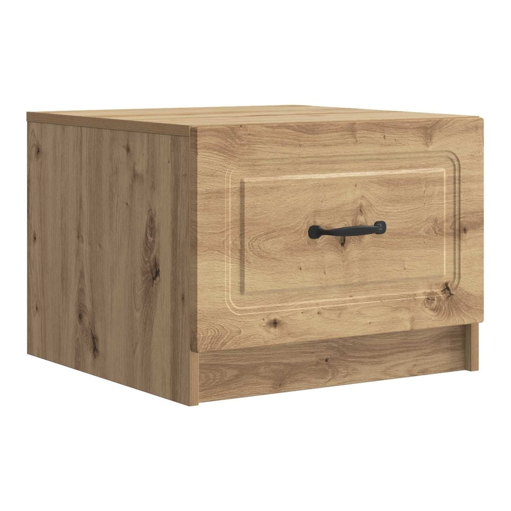 The coffee table with a drawer and a black handle, shown from the side