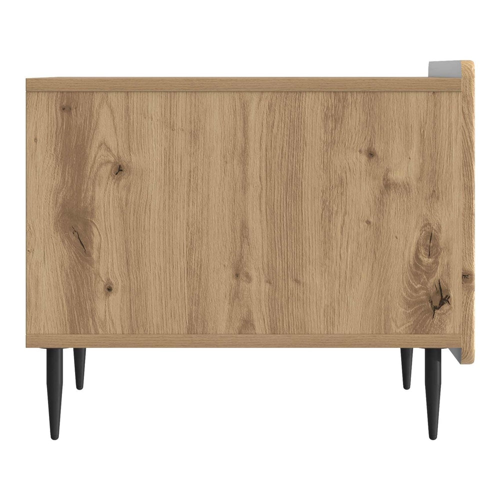 Close-up side view of the coffee table showing the wood texture and construction