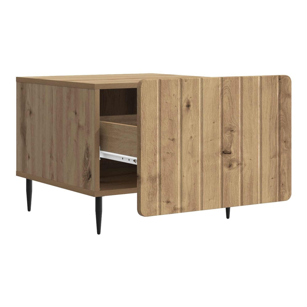 The coffee table with its drawer pulled out showing the interior space