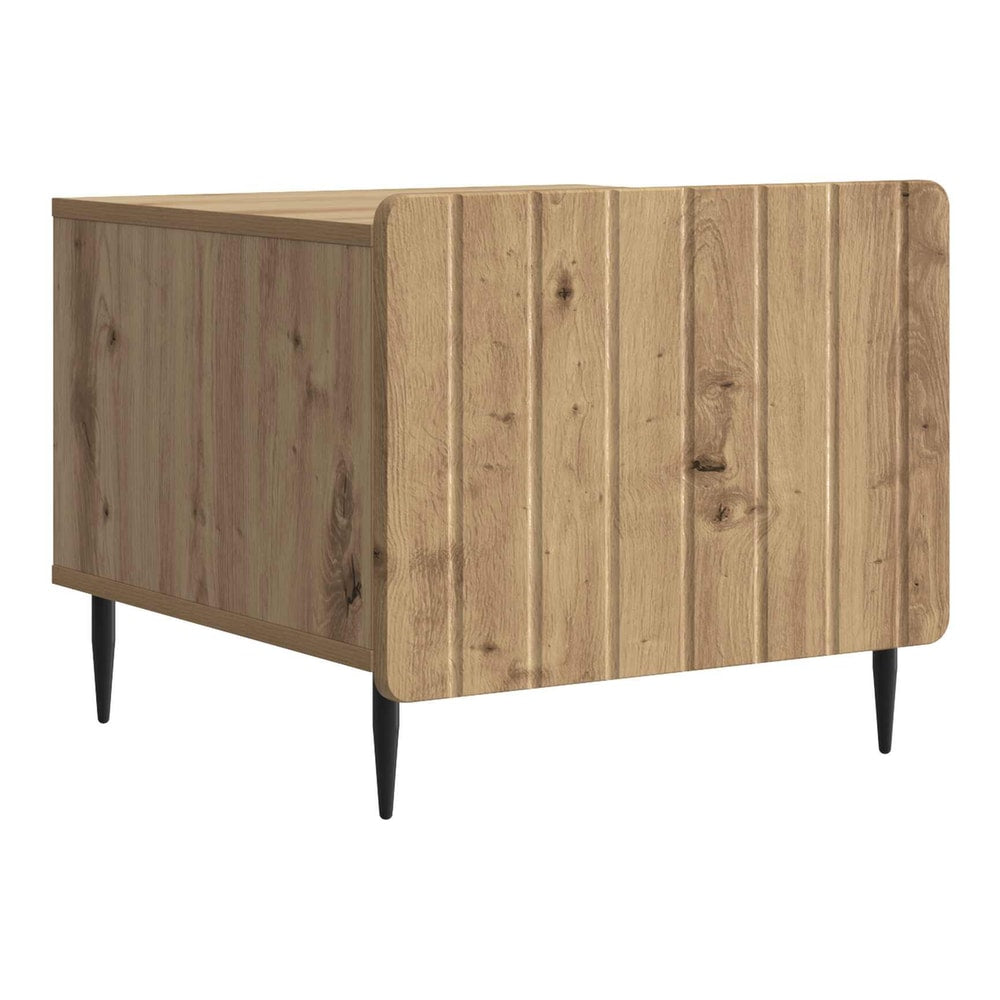 Side view of the artisan oak coffee table with vertical wood paneling and black legs