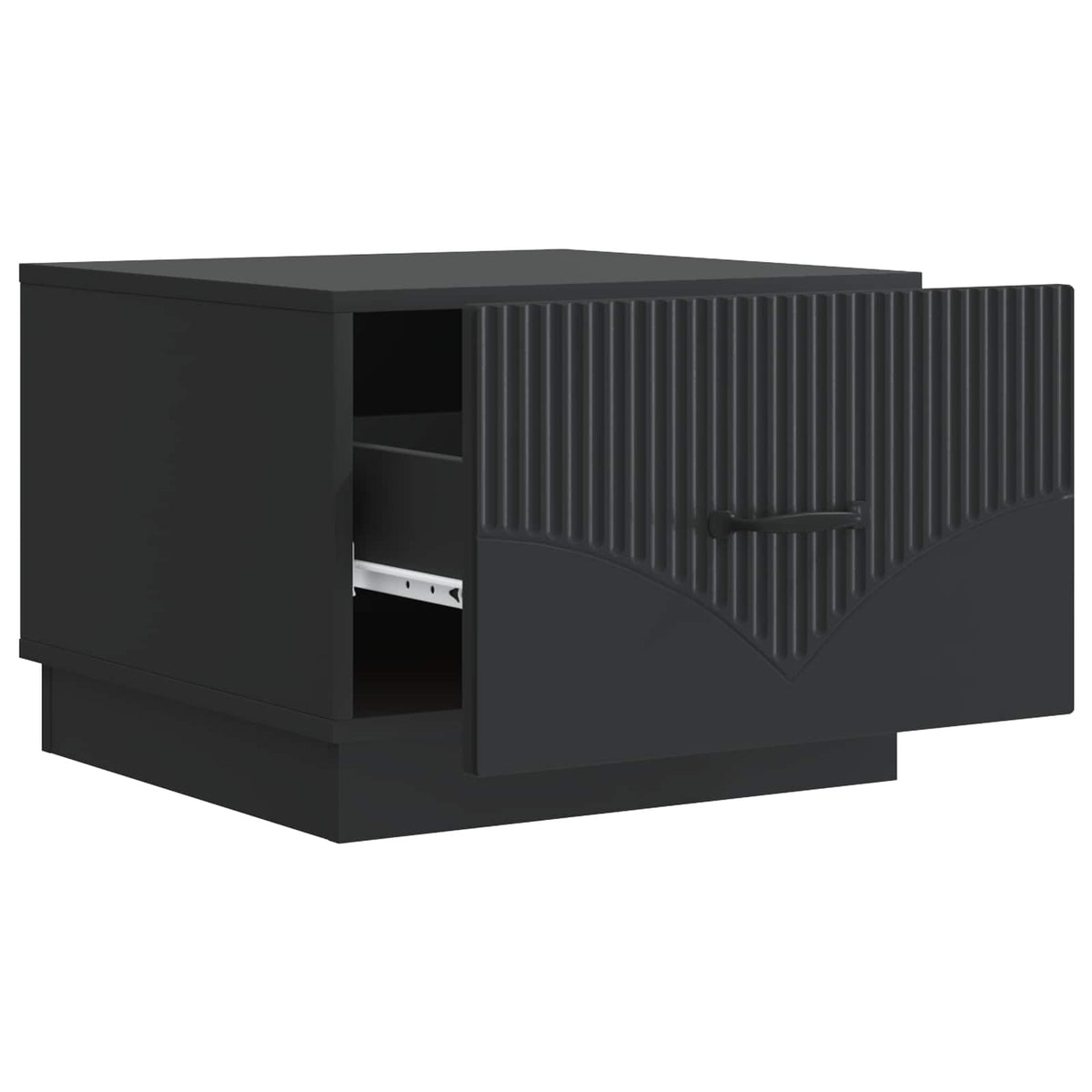 The black coffee table with its drawer pulled open to reveal storage space inside