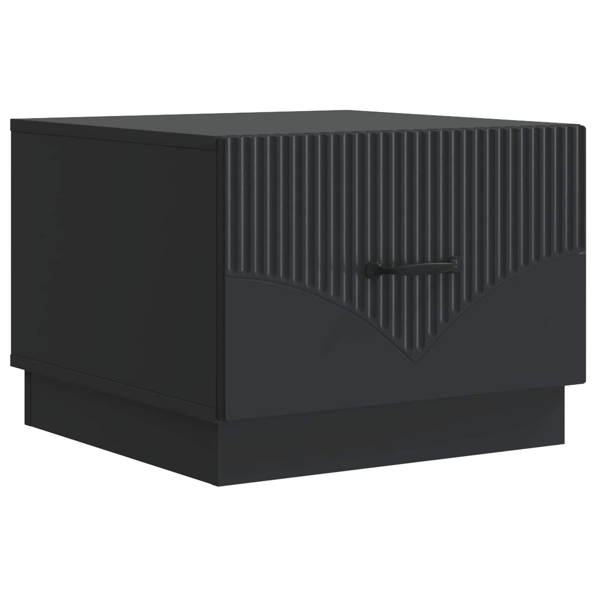 Black engineered wood coffee table with a ribbed front panel and a drawer handle