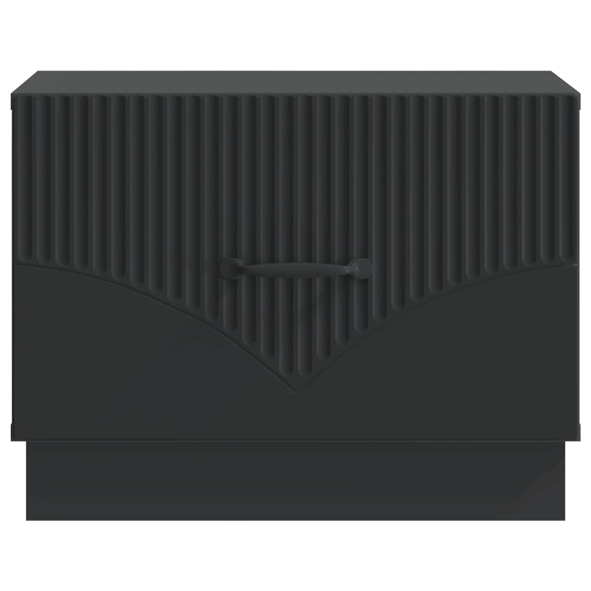 Front view of the black coffee table showing the ribbed detail on the drawer front