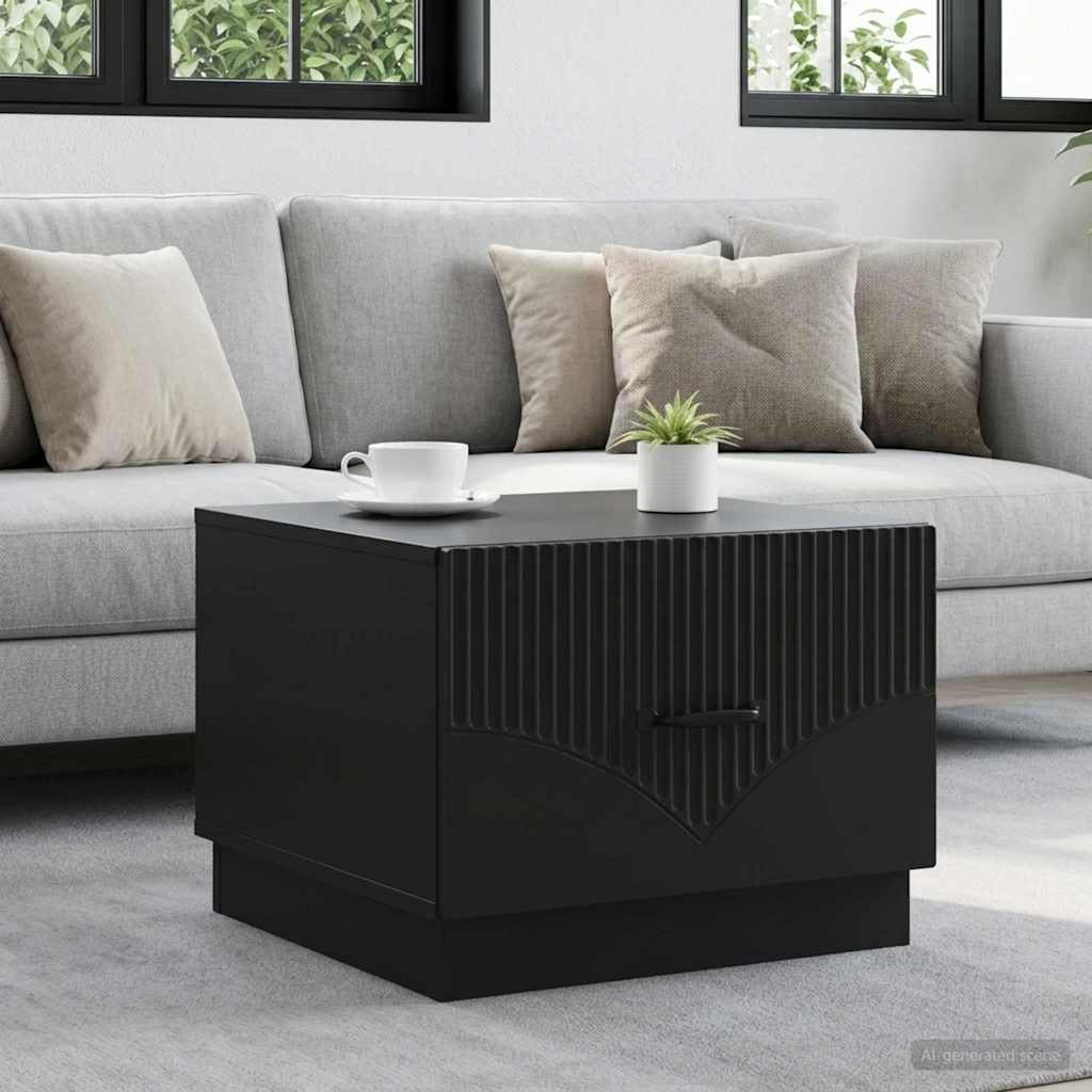 vidaXL Coffee Table Black Engineered Wood with a cup and plant on top in a living room