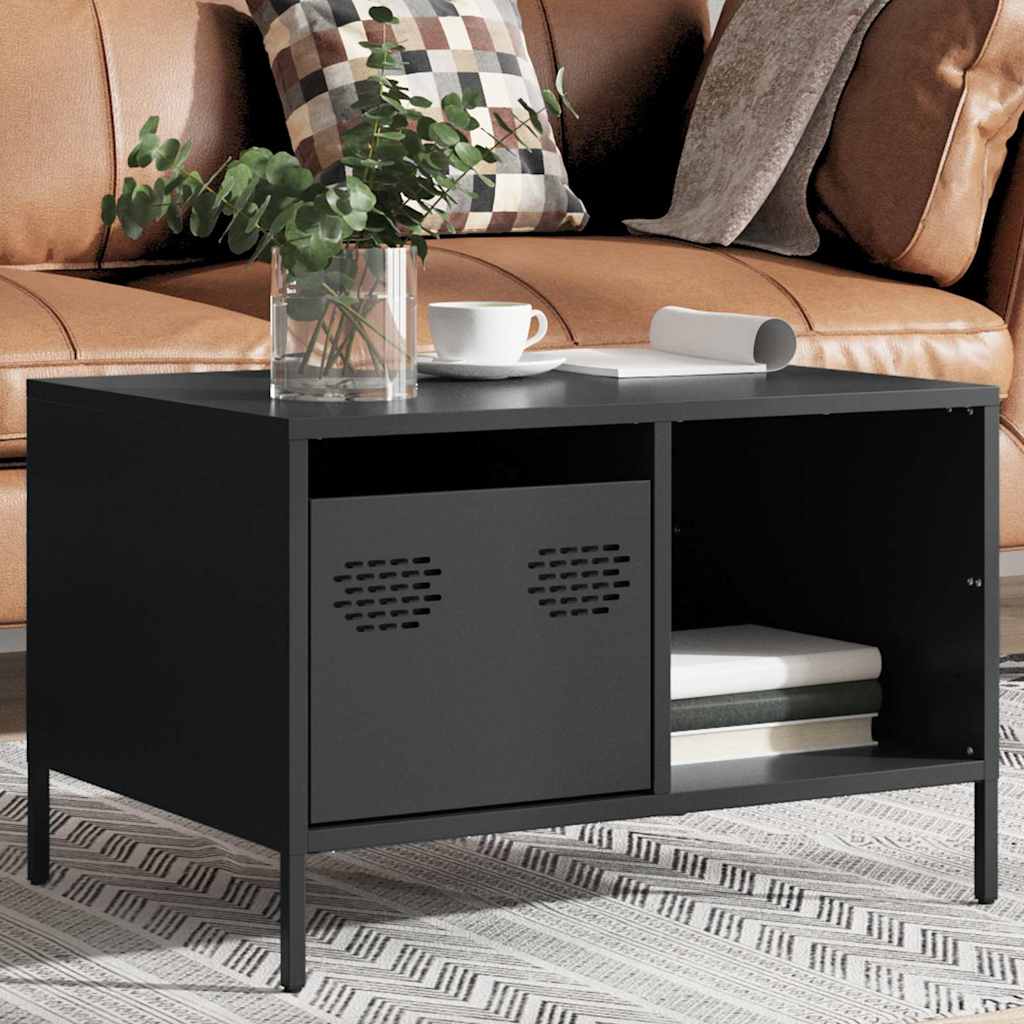 Black coffee table with a shelf and a cupboard with perforated doors, shown from a front angle