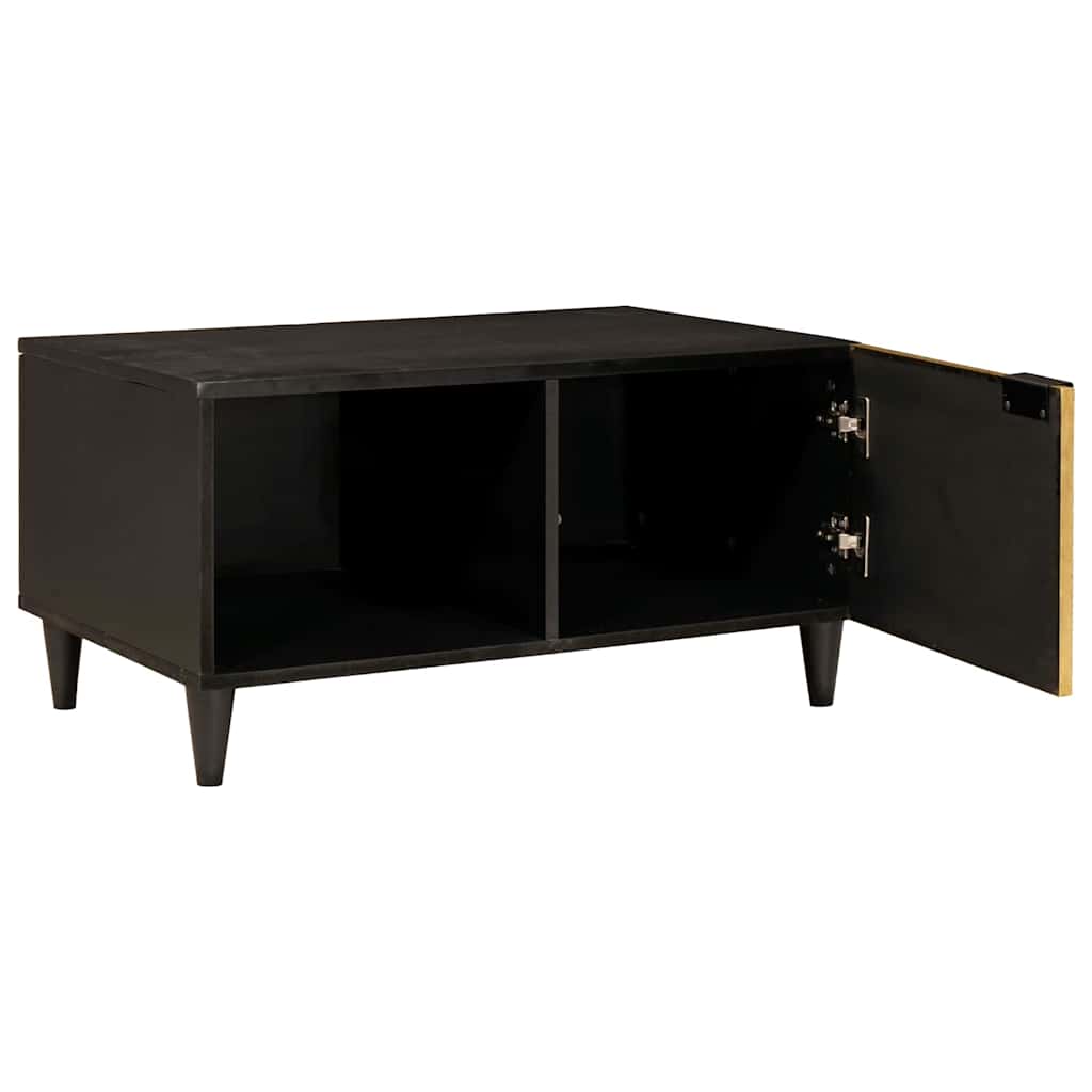 The coffee table with its door ajar, showing two black compartments inside