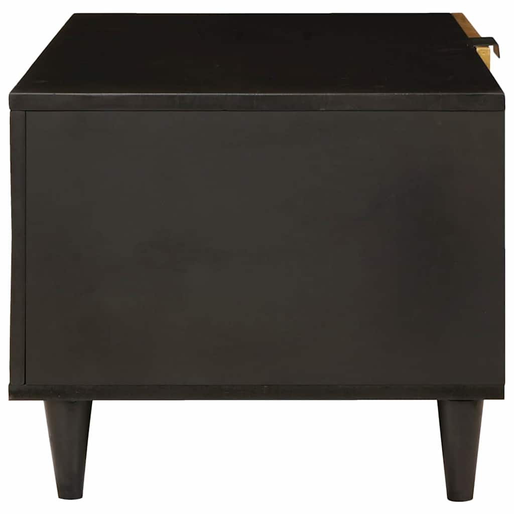 Side view of the black coffee table with four tapered legs