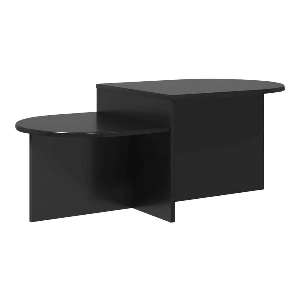 The black coffee table has a two-tier design with a lower curved shelf