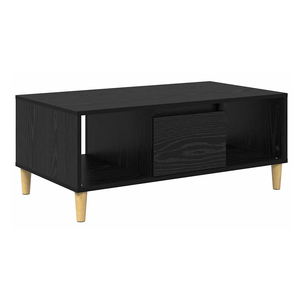 Black oak engineered wood coffee table with open shelving and a closed drawer