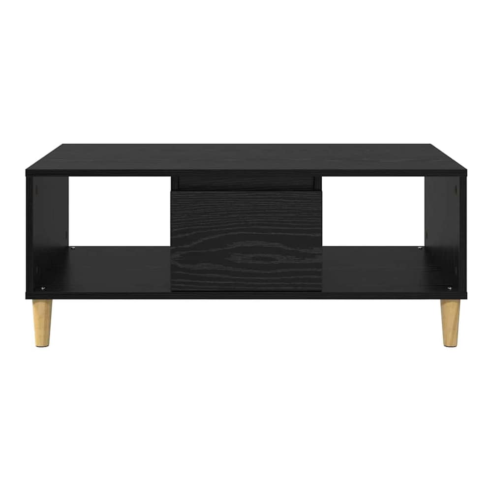 Black oak engineered wood coffee table with open sides and a central drawer
