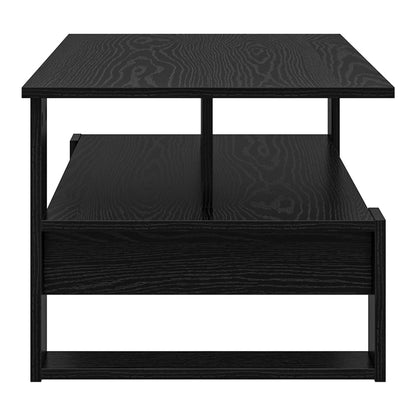 A black oak engineered wood coffee table viewed from the end, revealing its internal shelf structure