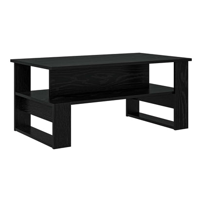 Black oak engineered wood coffee table with a lower shelf, shown from the front