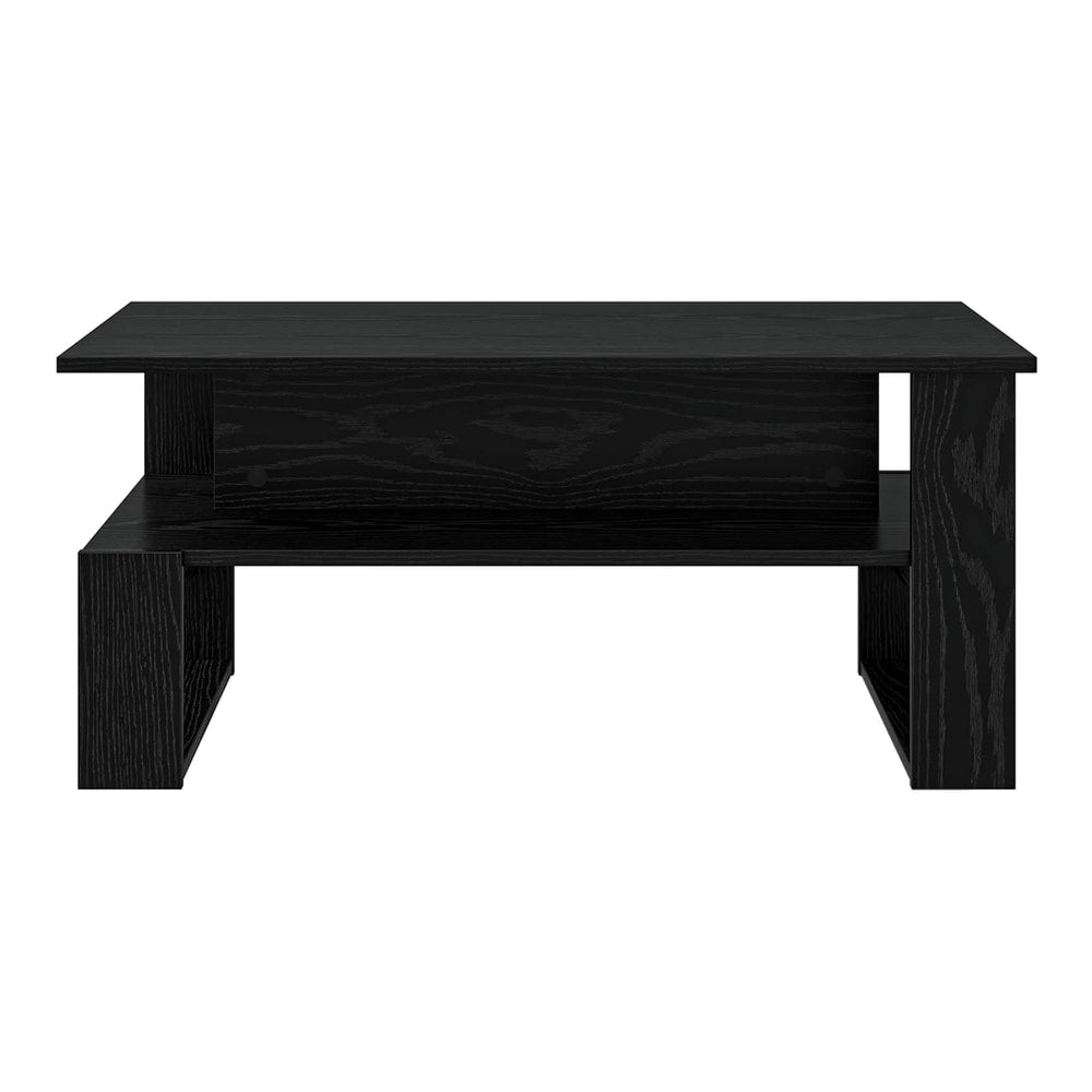 The black oak engineered wood coffee table from a side angle, showing its structure