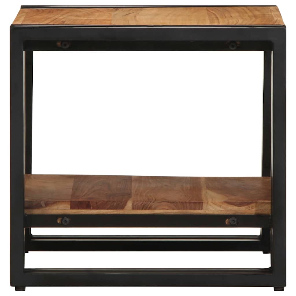 The coffee table from the back, showing the wooden shelf and black metal frame construction