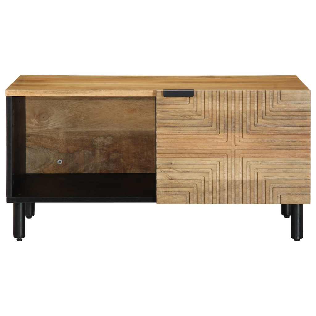 The coffee table shown from the front with a closed wooden door and an open black shelf