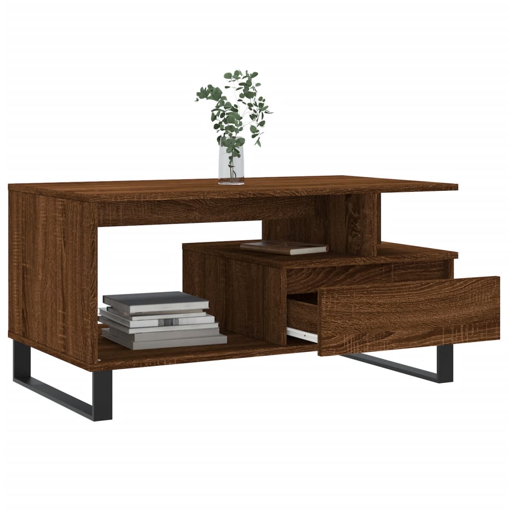 The coffee table with its drawer pulled out, showing storage space
