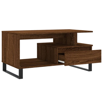 The coffee table with the drawer open from the side, revealing storage