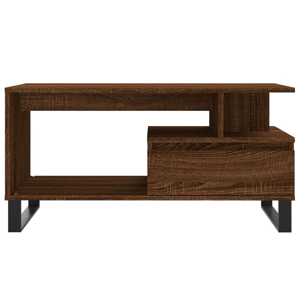 Side view of the brown oak engineered wood coffee table with a drawer