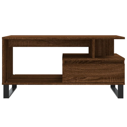 Side view of the brown oak engineered wood coffee table with a drawer