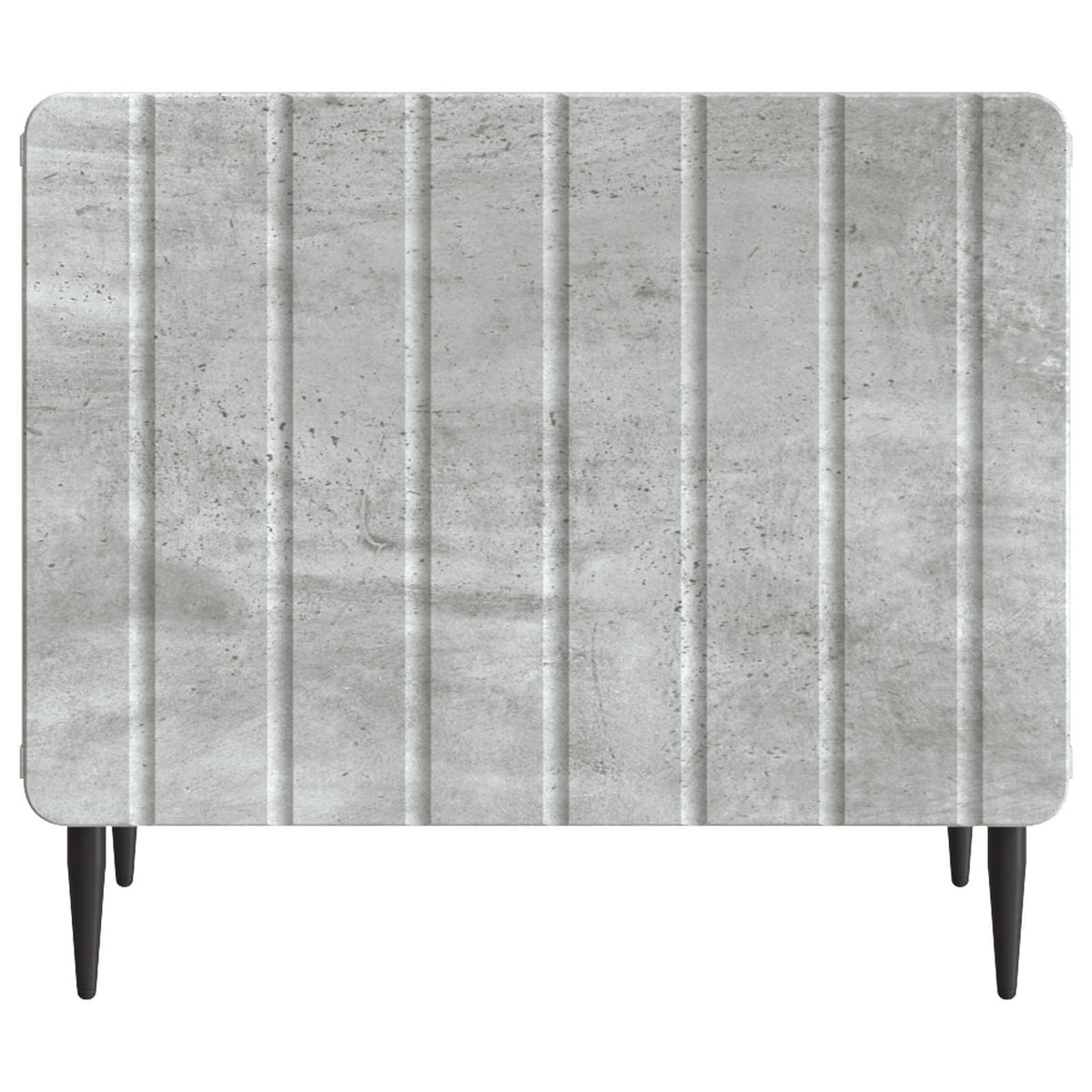 The coffee table with a ribbed concrete grey front panel