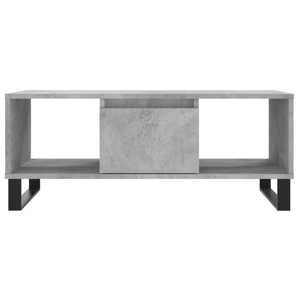Concrete grey engineered wood coffee table shown from the front with closed drawer