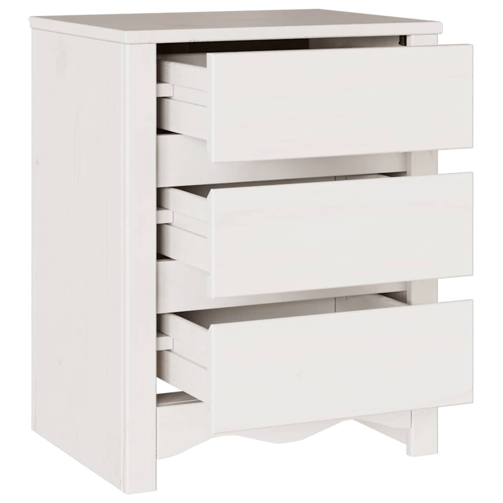 The white bedside table with the drawers slightly open