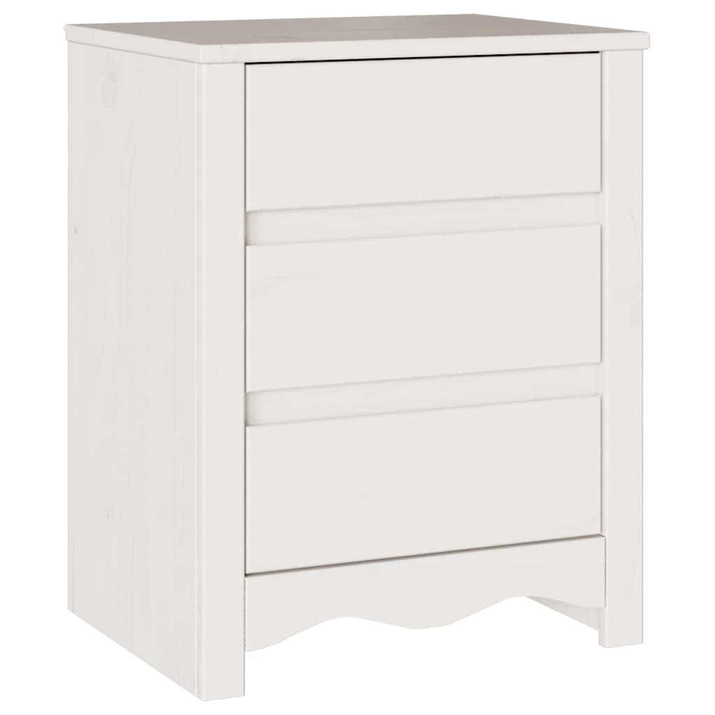 The white bedside table with three drawers and a decorative base