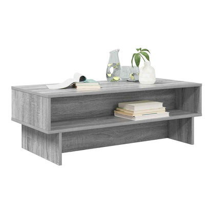 The grey Sonoma engineered wood coffee table with a shelf, with books and decorative items