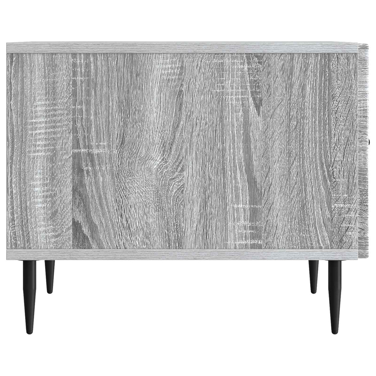Rear view of the grey Sonoma engineered wood coffee table on black legs
