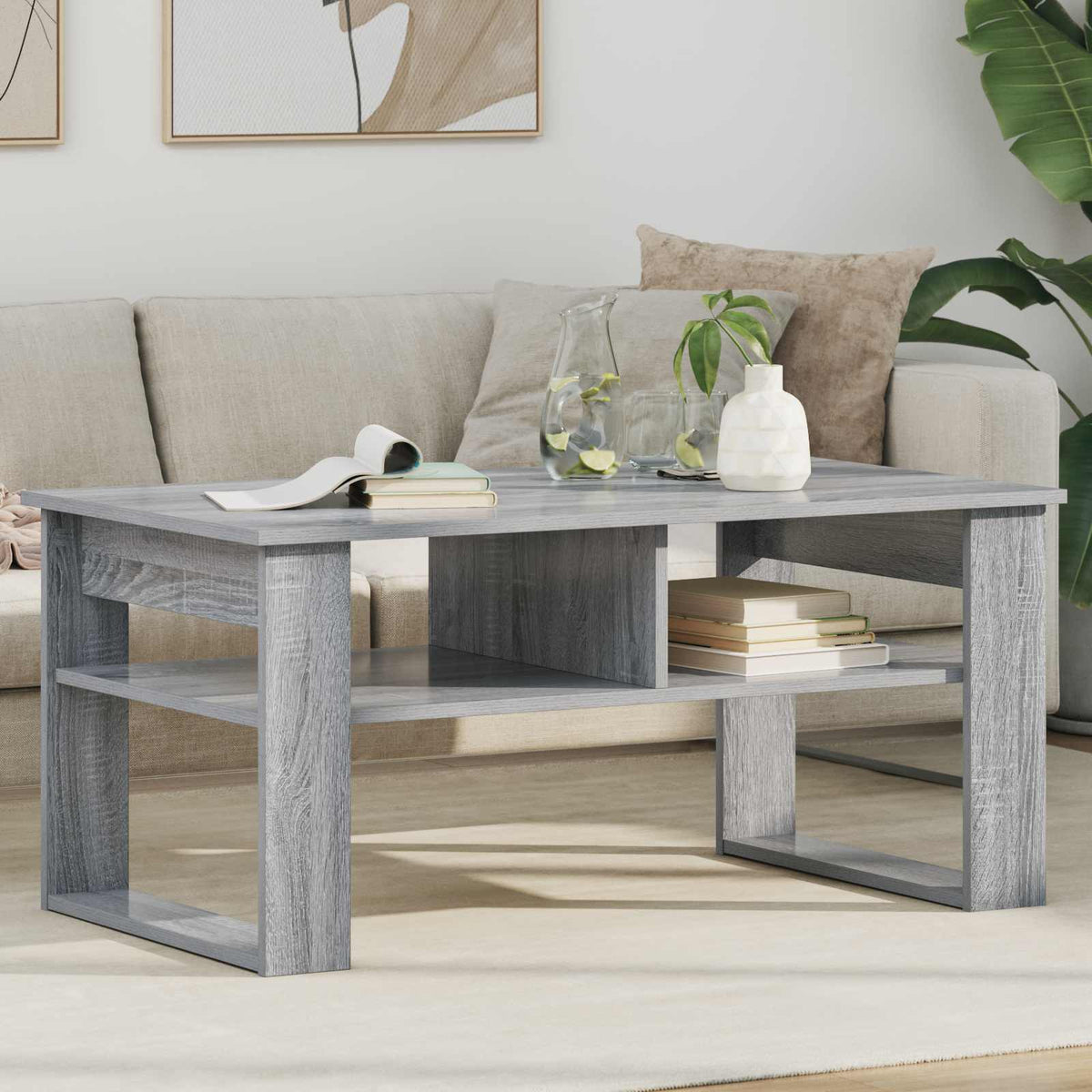 vidaXL Coffee Table Grey Sonoma Engineered Wood with open storage shelves