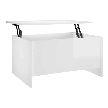 The coffee table with its top raised, showing the internal storage space