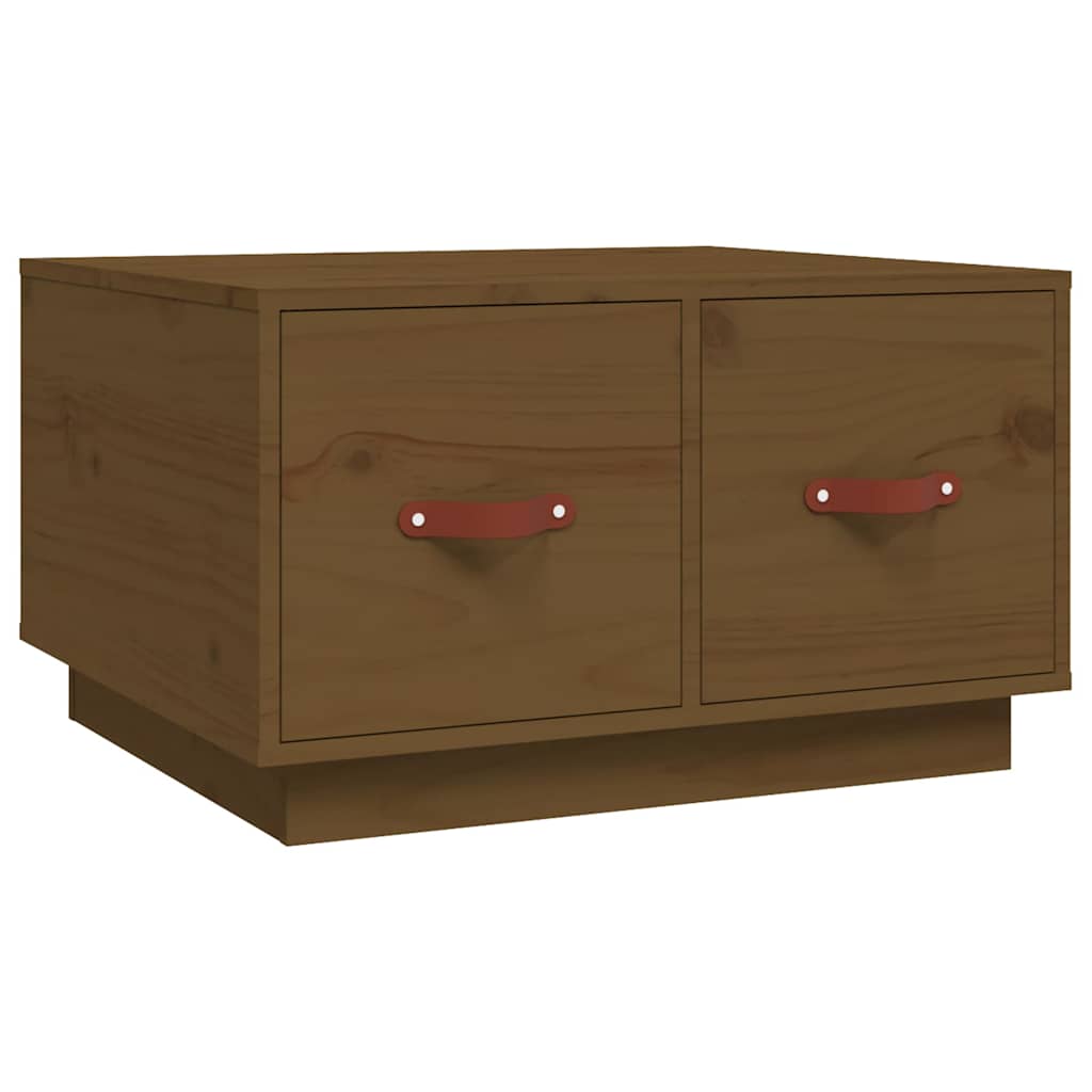 Honey brown solid wood pine coffee table with two drawers and red leather handles