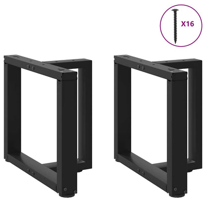 Two black steel T-shaped table legs with screws shown from the front