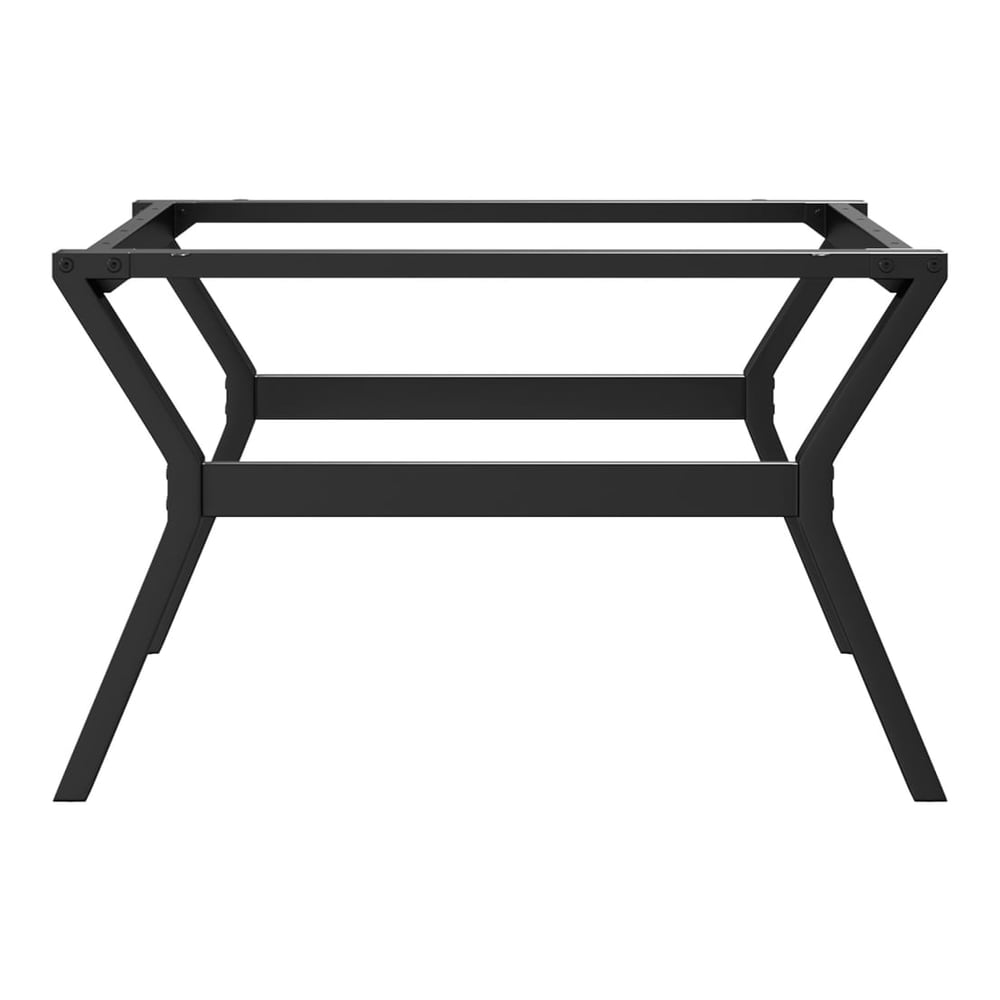 A close-up of the black steel Y-frame table legs, highlighting the construction details