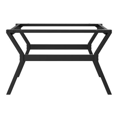 A close-up of the black steel Y-frame table legs, highlighting the construction details