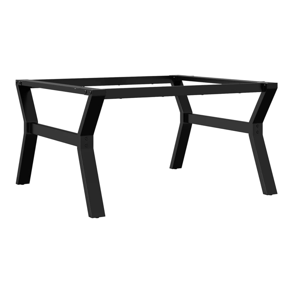 The black steel Y-frame table legs shown from a low front angle
