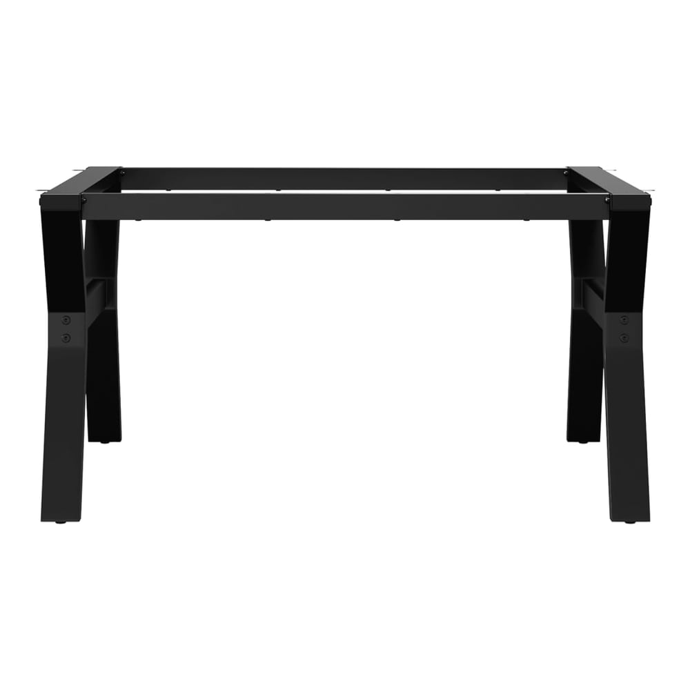 The black metal Y-frame table legs viewed from above, showing the top mounting plate