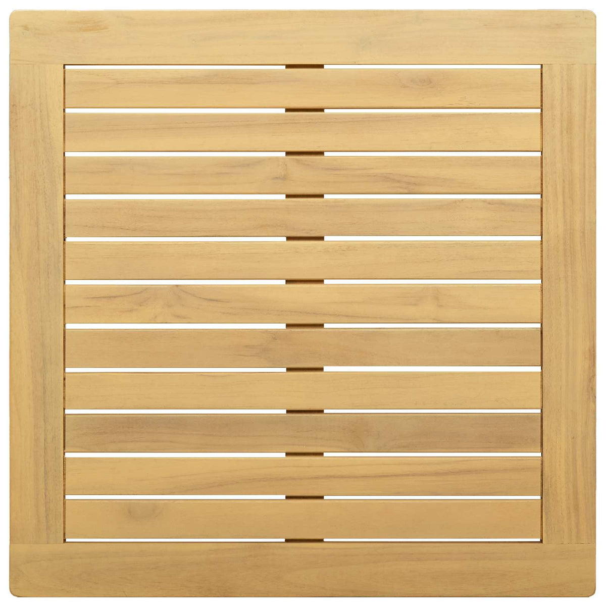 The slatted top of the light acacia coffee table, showing the wood grain